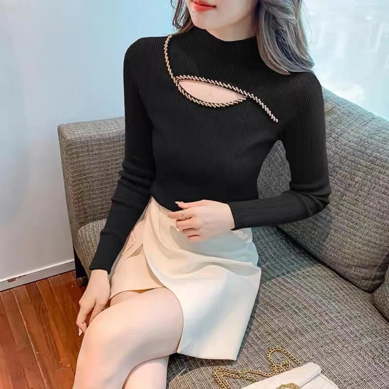 2023秋季新款半高领秋冬洋气时髦内搭钉珠镂空针织衫