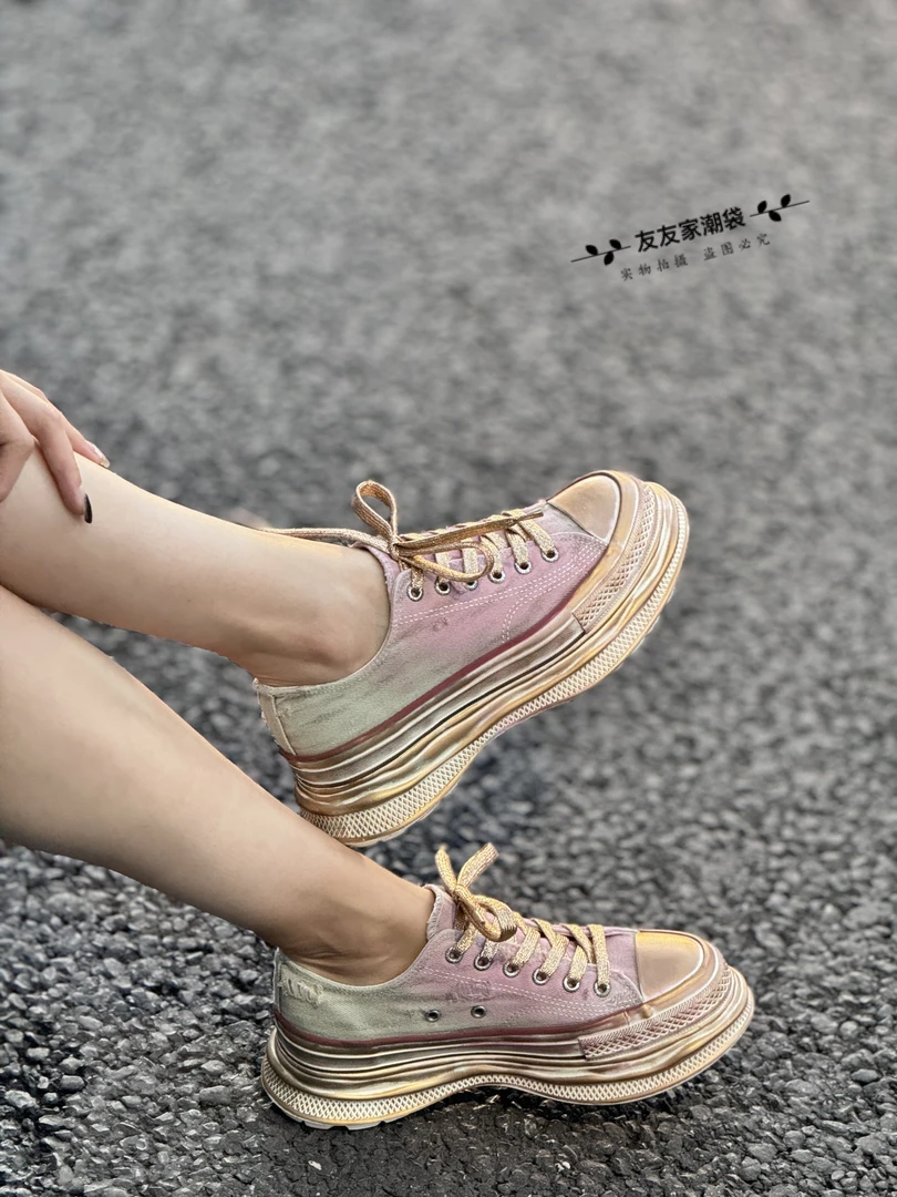 【友友家】水洗牛仔手工擦色高端厚底鞋时尚潮流百搭个性