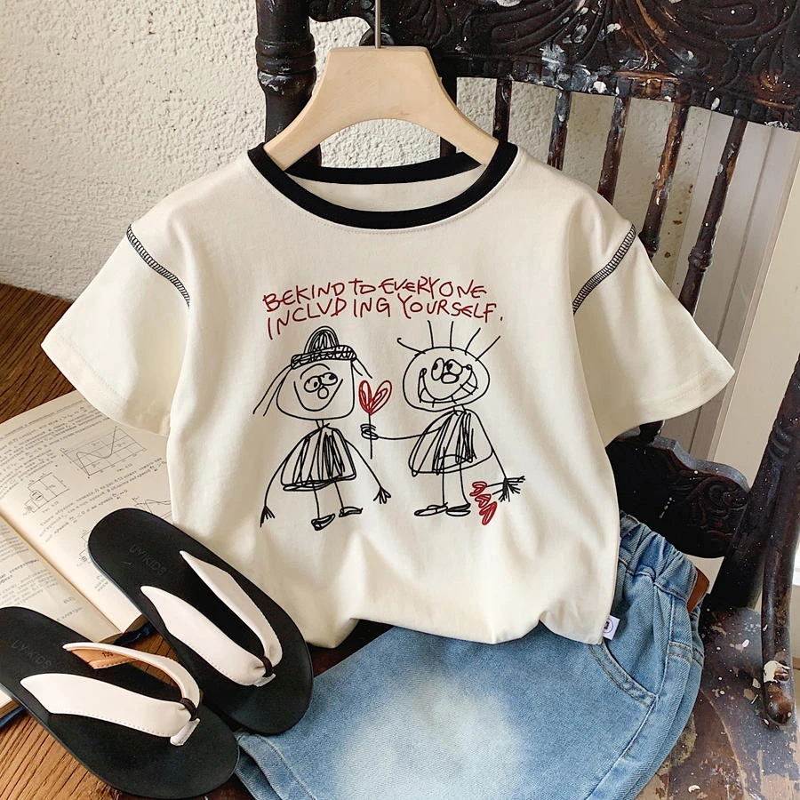 儿童涂鸦短袖T夏季男童2025新款上衣洋气宽松小宝宝明线T恤女薄款