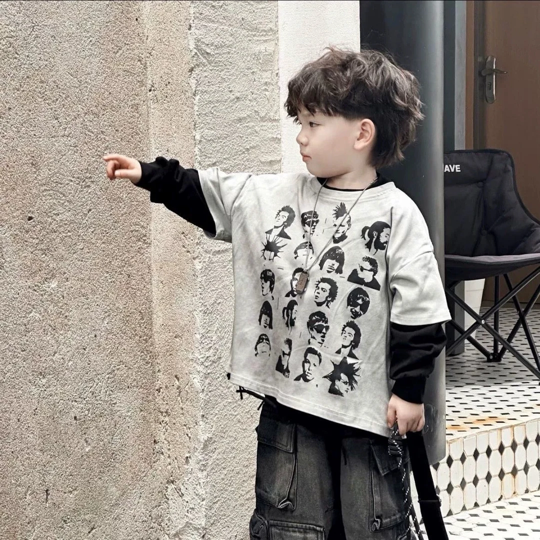 男童韩版秋装痞帅叠穿打底衫假两件2025新款儿童宝宝洋气长袖T恤