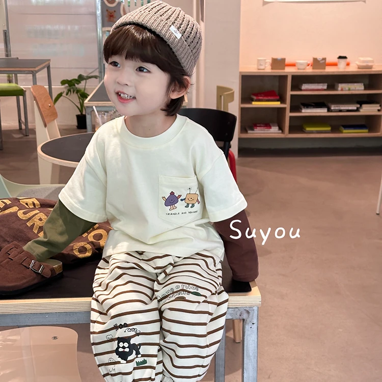 2025秋季新款韩版男童长袖T恤卡通印花假两件宝宝休闲洋气上衣
