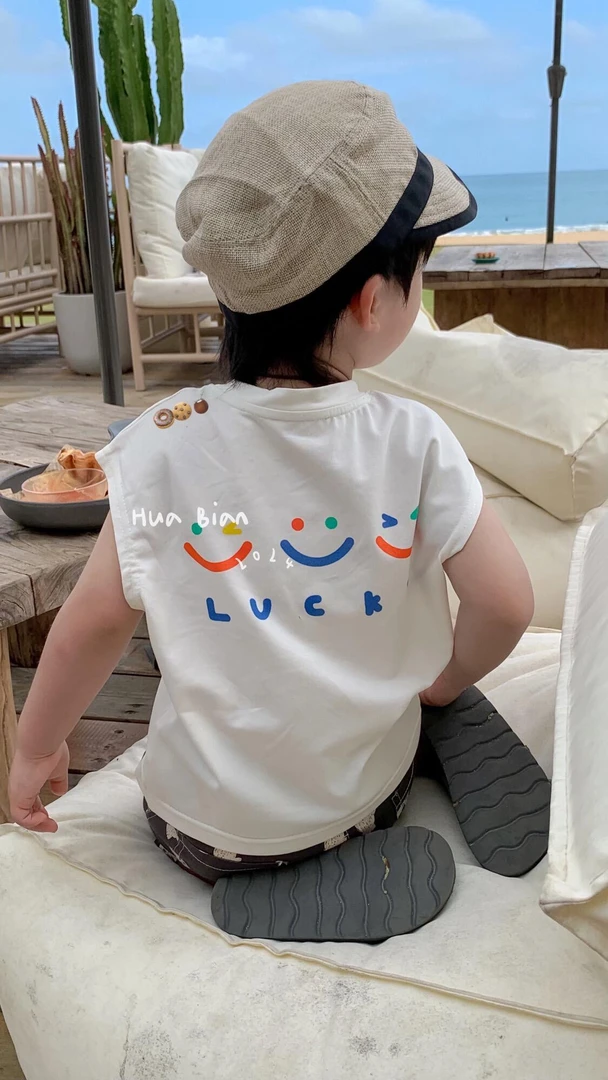 韩国童装痞帅男童夏装2025新款儿童T恤酷帅白色无袖t恤印花背心