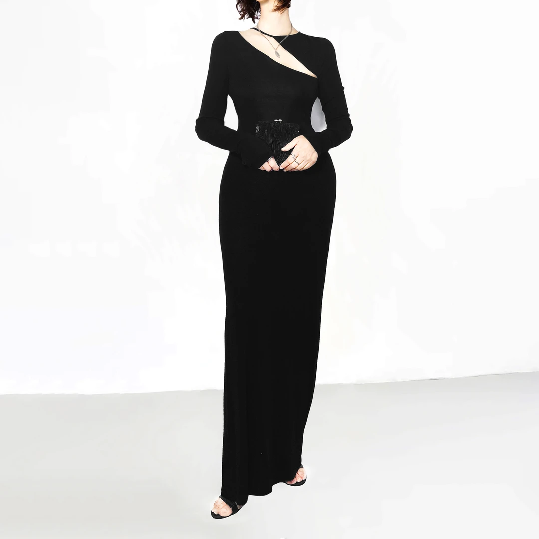 陈小满原创设计黑色镂空紧身包臀多穿针织长连衣裙礼服裙