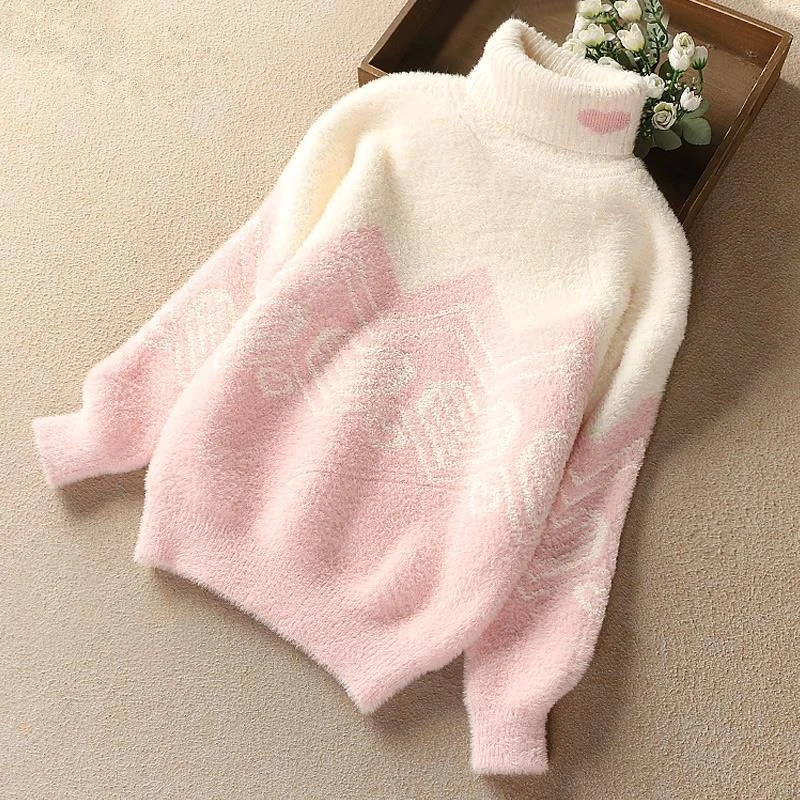 巴拉拉吧女童毛衣冬季水貂绒加厚儿童毛线织秋冬装新款高领女孩宽