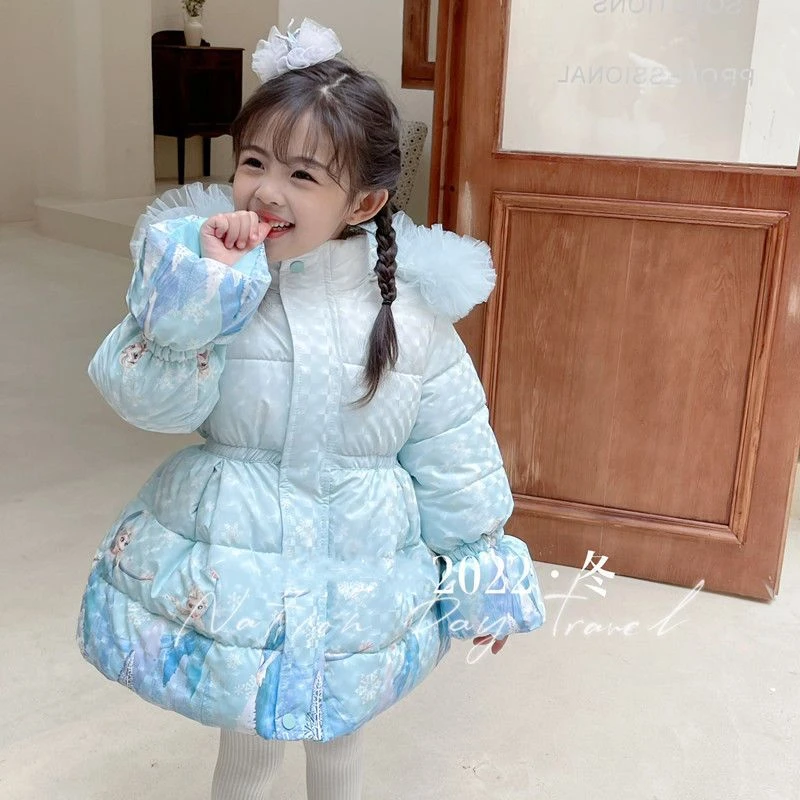 女童免洗棉衣爱莎公主冰雪奇缘棉服中长款大衣棉外套女宝宝加厚袄