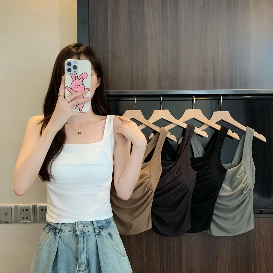 法式设计感褶皱吊带背心女带胸垫内搭外穿修身显瘦网红无袖上衣潮