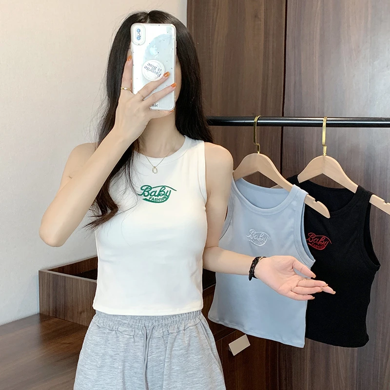 韩版字母刺绣吊带背心女带胸垫内搭夏季外穿修身辣妹显瘦上衣百搭