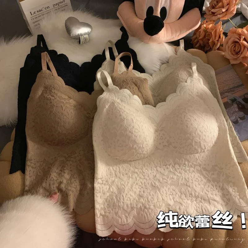 纯欲性感蕾丝吊带背心女新款打底免穿文胸带胸垫一体内搭美背内衣