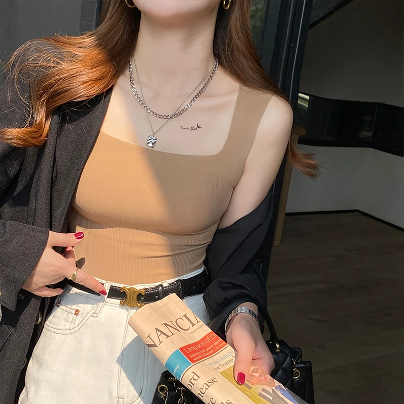 方领吊带背心女带胸垫新款内搭外穿美背文胸一体无痕打底抹胸内衣