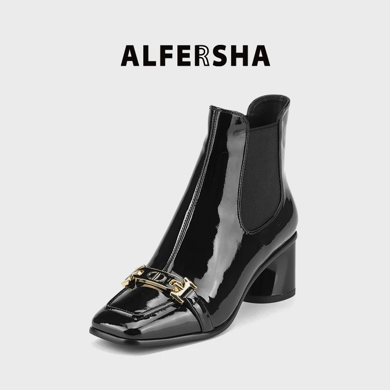 明星四季单鞋阿芙莎9688519秋冬新款时尚简约百搭金属扣粗跟短靴