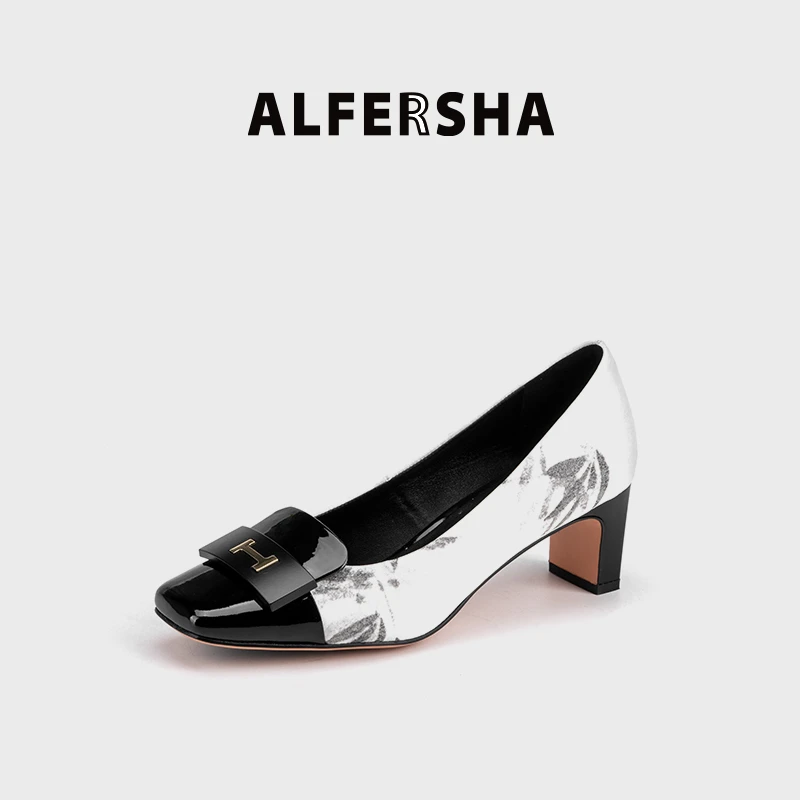 四季单鞋阿芙莎广系3320686新款中国风墨竹一字跟方头高跟鞋B