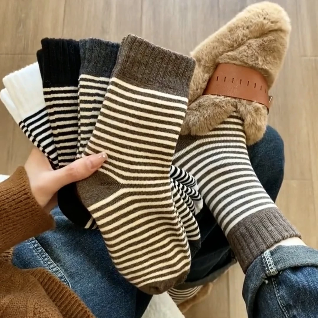 厚袜子女秋冬季加厚毛圈袜保暖冬天黑白条纹中筒袜毛巾底地板袜