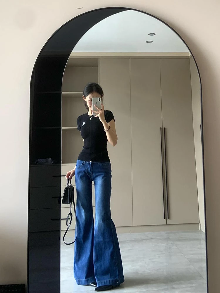 高街水洗蓝色微喇牛仔裤女秋季辣妹低腰显瘦直筒拖地长裤ins