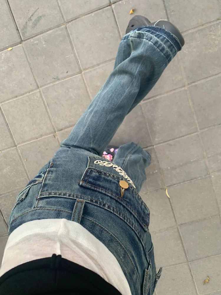 美式复古低腰微喇叭牛仔裤女秋季修身显瘦宽松直筒拖地裤子潮