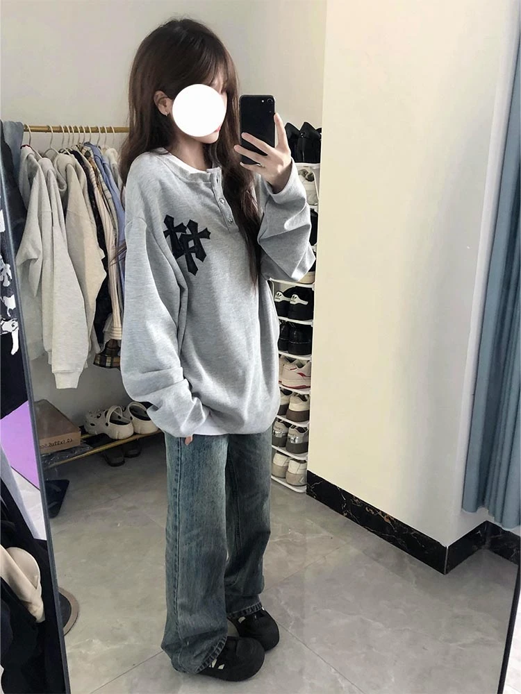 美式做旧水洗宽松阔腿牛仔裤女秋季新款高腰复古辣妹显瘦直筒长裤