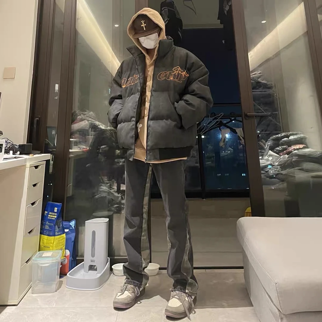 冬季复古美式街头嘻哈PU皮加厚棉服男女oversize立领外套情侣棉衣