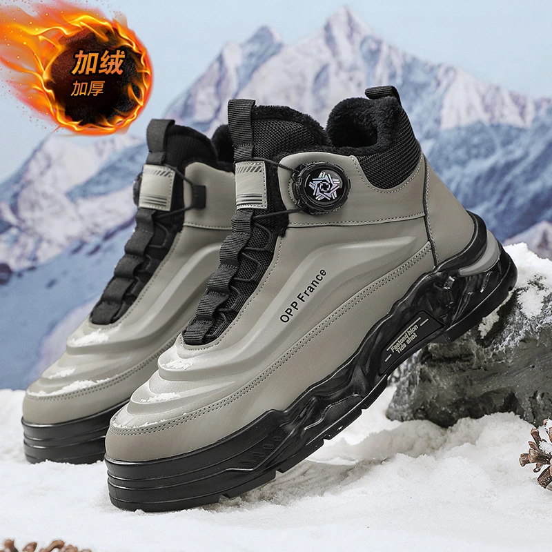 森刻男鞋马丁靴秋冬季高帮旋转纽扣加绒棉鞋保暖英伦风沙漠雪地靴