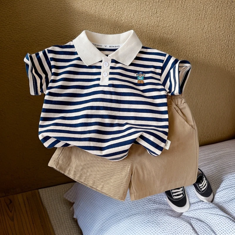 男童时尚条纹翻领2024新款刺绣小熊休闲夏季洋气小童衣服帅气两件