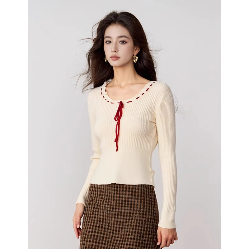 法式复古撞色绑绳针织衫女秋冬修身气质短款设计感蝴蝶结内搭上衣