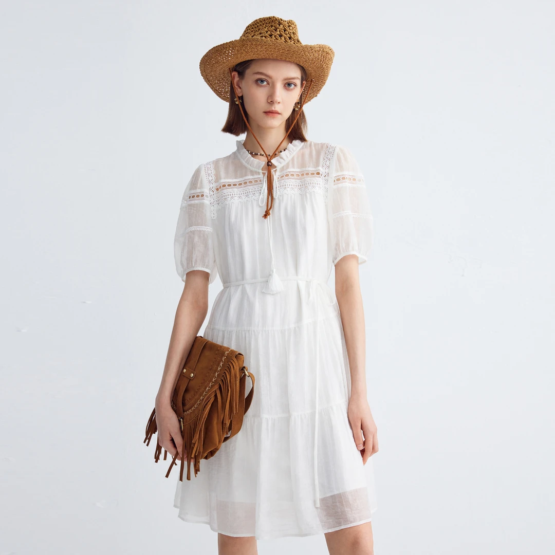 迪赛尼斯新款通勤风气质优雅蕾丝裙短袖高腰连衣裙