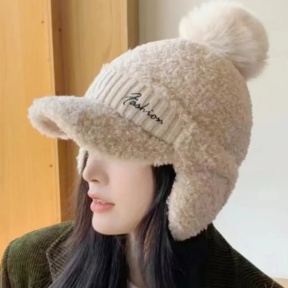 2024年女士冬帽耳罩泰迪绒毛线帽时尚字母加绒针织折沿保暖帽Y645
