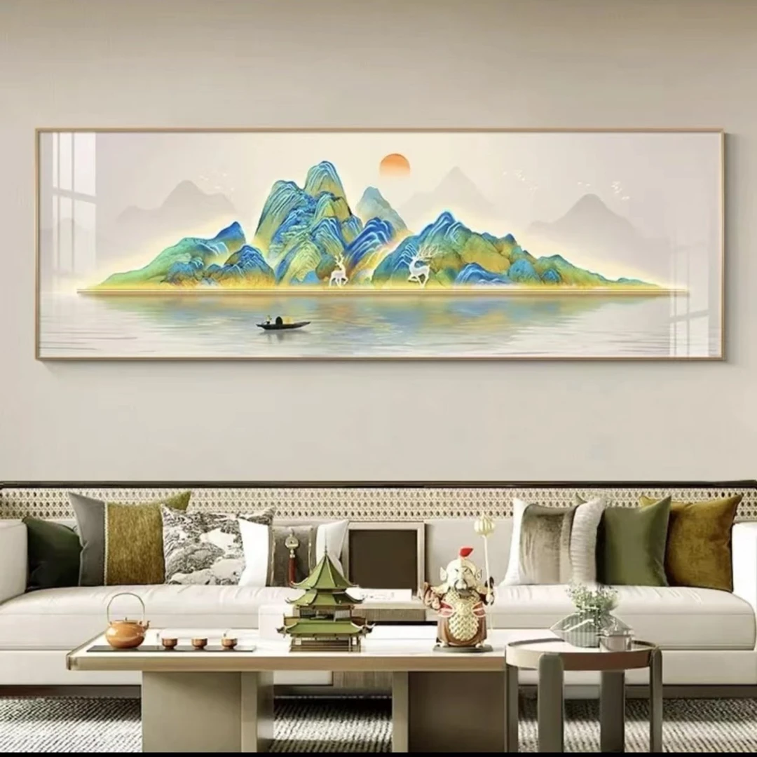 千里江山福鹿靠山图-新中式山水画挂画背景墙壁画十字绣精致