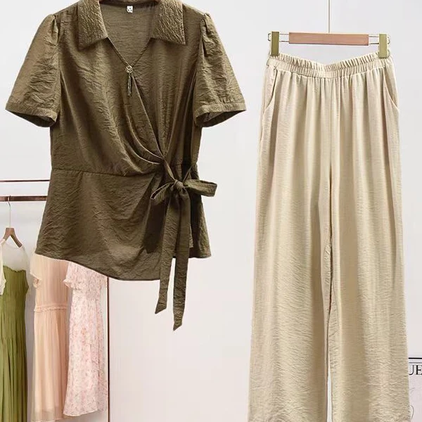 S302【专属】24夏休闲职业风V领高腰阔腿裤两件套裤RS-SY25BT079