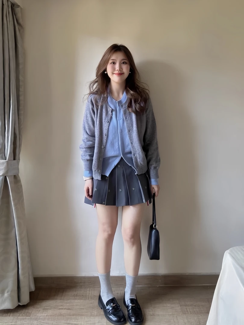 浅灰拼蓝色假两件棉毛针织衫秋款时尚洋气简约显瘦长袖毛衣外套