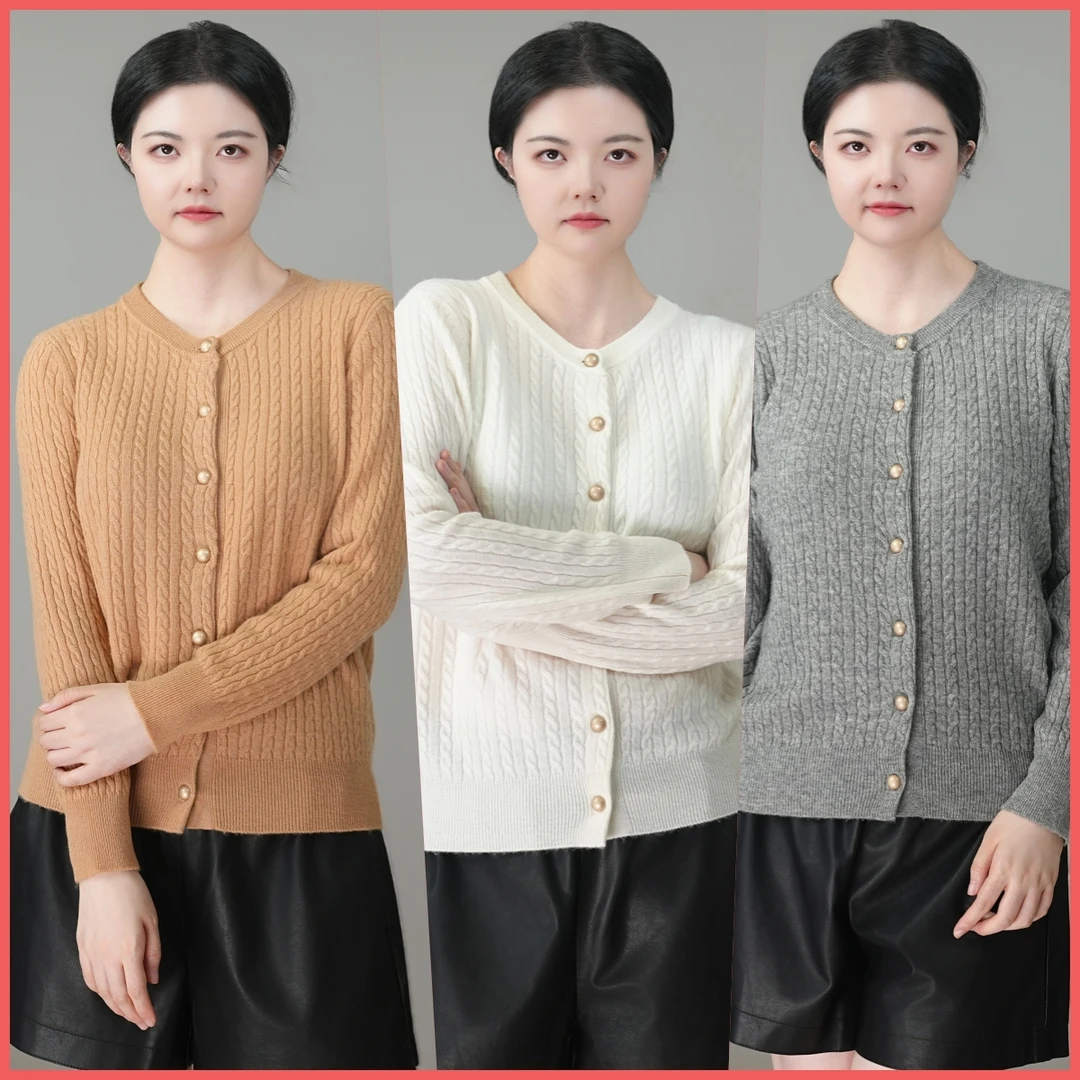 秋冬女式绞花开衫毛衣打底衫10%山羊绒通勤百搭显瘦纯色羊绒衫808