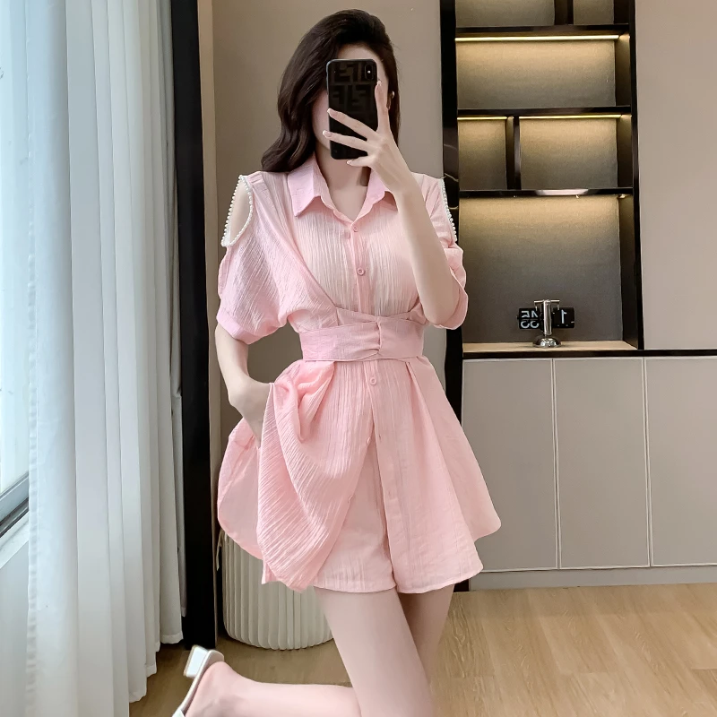 夏季穿搭一整套钉珠露肩衬衫加短裤两件套防晒设计感时尚套装女