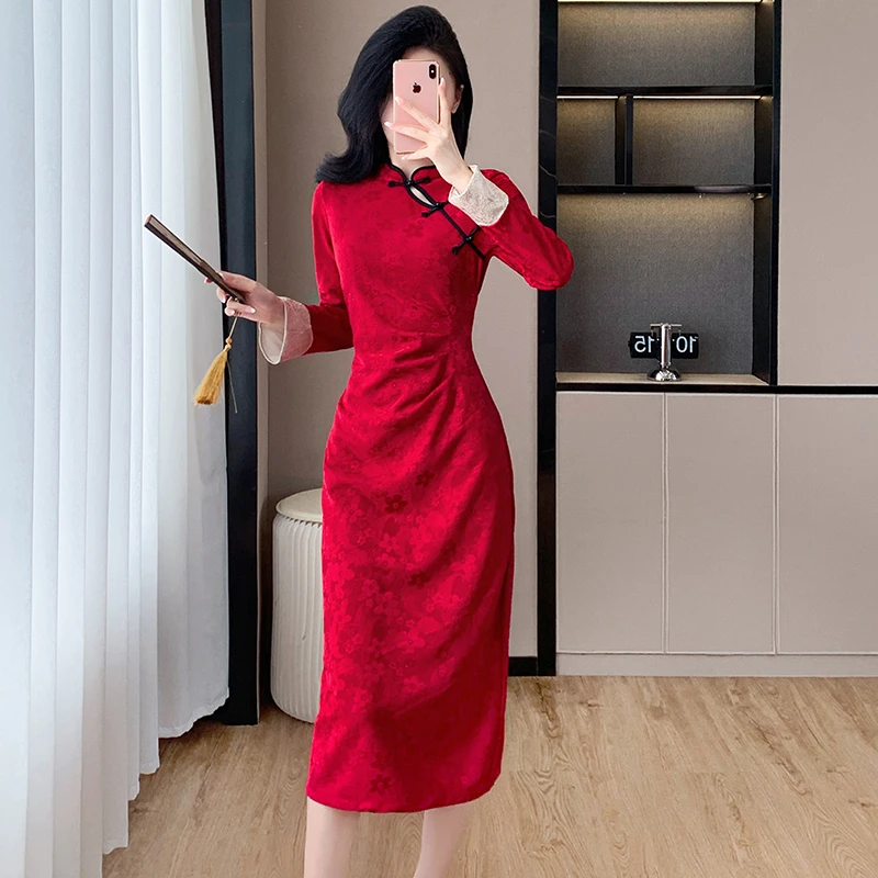 秋冬新款新中式复古黑色红色提花气质礼服订婚回门改良旗袍连衣裙