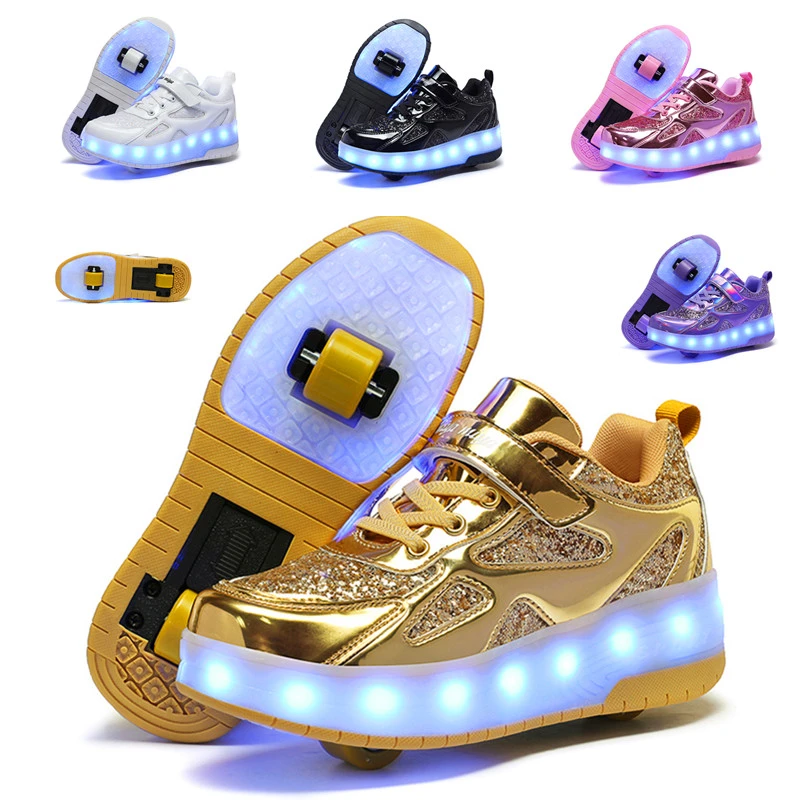 男童暴走鞋女孩儿童鞋带轮子可变形两用轮滑鞋学生充电闪光溜冰鞋