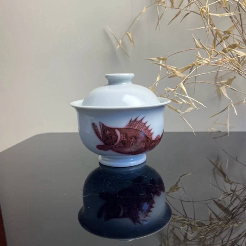 景德镇手工手绘元青花哑光釉釉里红单鳜鱼盖碗盖下容量110CC拿图