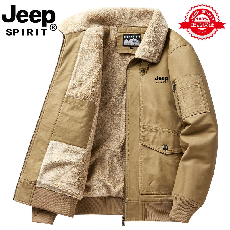 JEEP吉普羊羔绒男冬季加绒加厚夹克爸爸装棉服工装飞行员纯棉外套