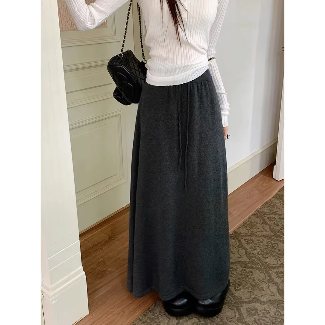 Sixme新款女小个子高腰显瘦A字裙长裙子气质复古灰色针织半身裙潮