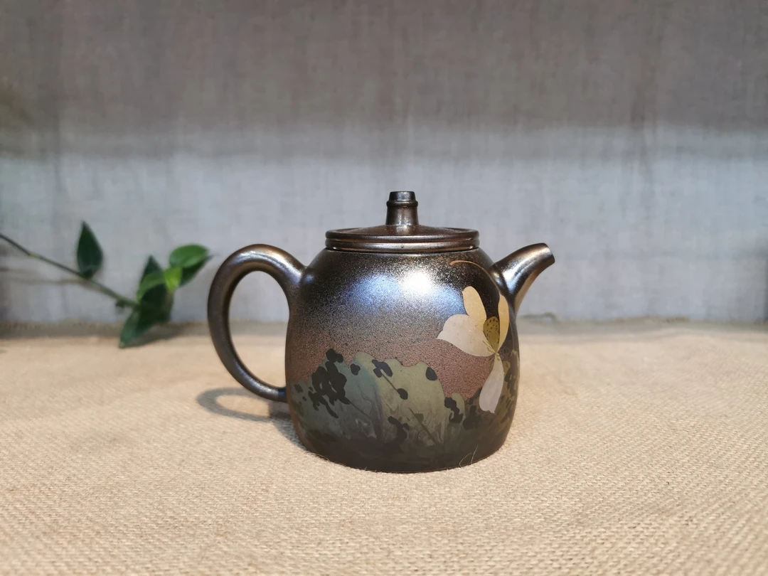 云南建水紫陶不二陶柴烧作品彩填壶260毫升