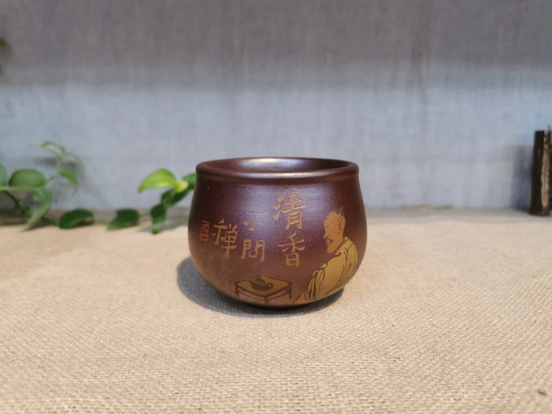 云南建水紫陶不二陶王霁柴烧作品精品彩填人物杯200毫升