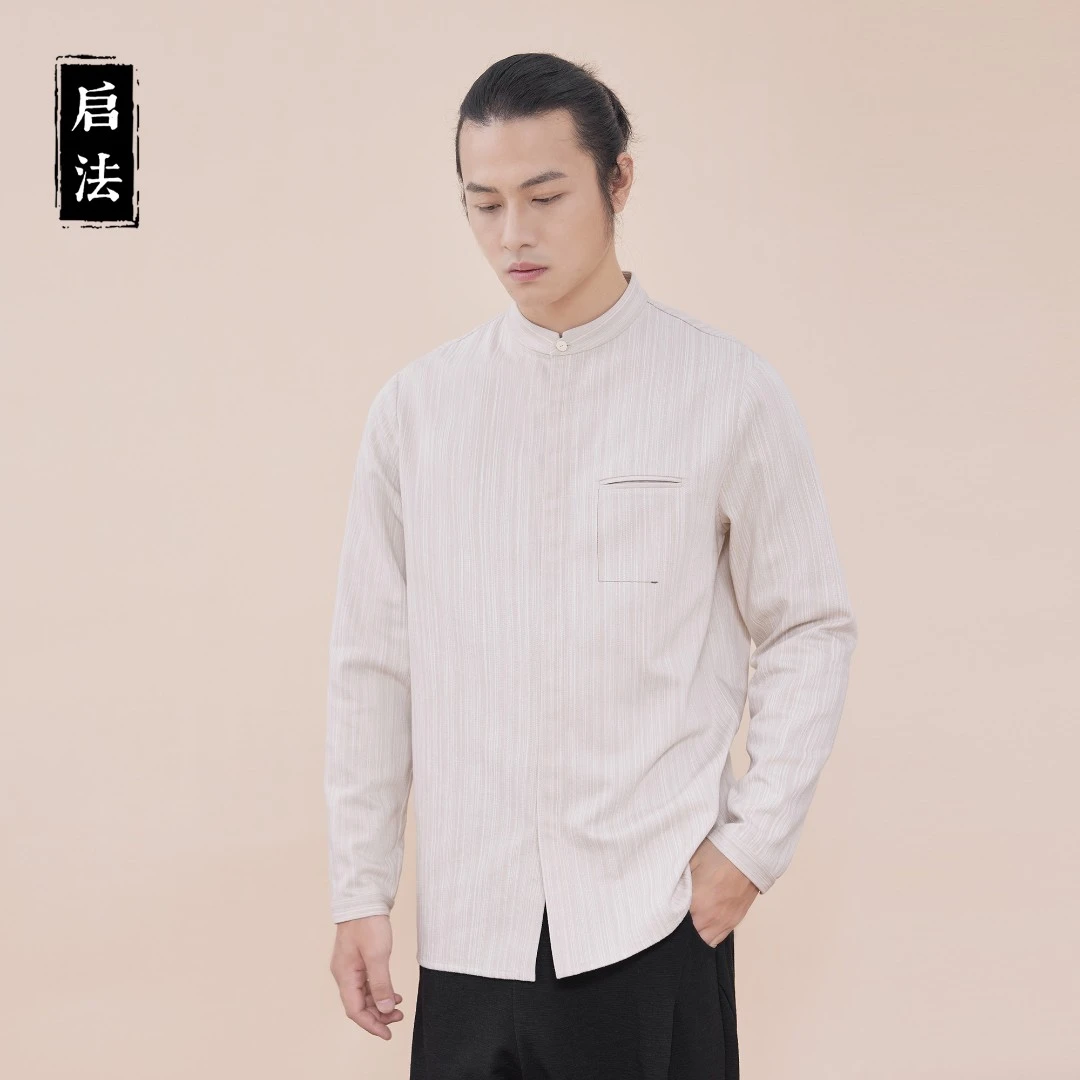 启·法男装冬季新款立领衬衫长袖商务休闲条纹衬衣宽松百搭上衣