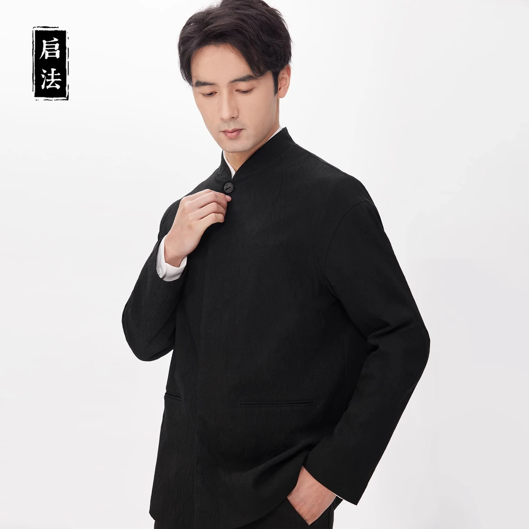 启·法男装冬装新中式立领夹克外套宽松休闲百搭复古短款黑色上衣.