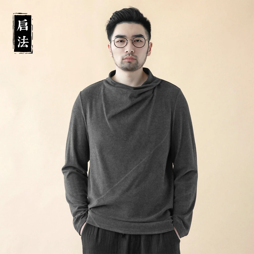 启·法男装秋冬长袖T恤简约堆堆领打底衫纯色磨毛内搭t恤男保暖