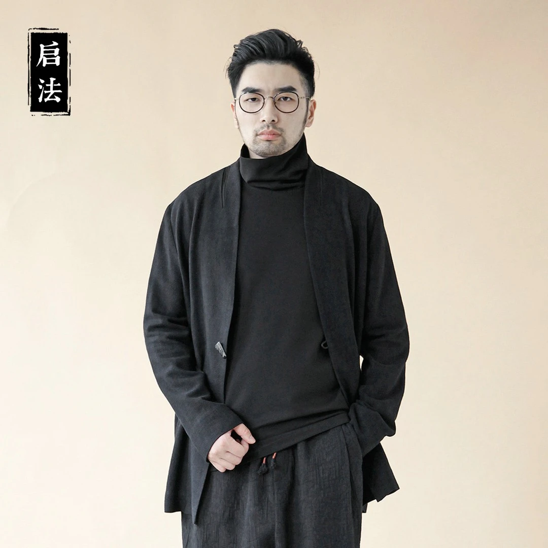 启·法男装秋季亚麻夹克中国风宽松百搭外套男简约休闲长袖上衣