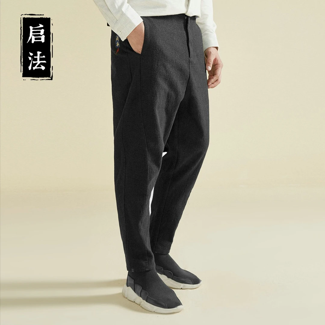 启·法男装冬季磨毛长裤男中国风刺绣休闲裤男宽松百搭