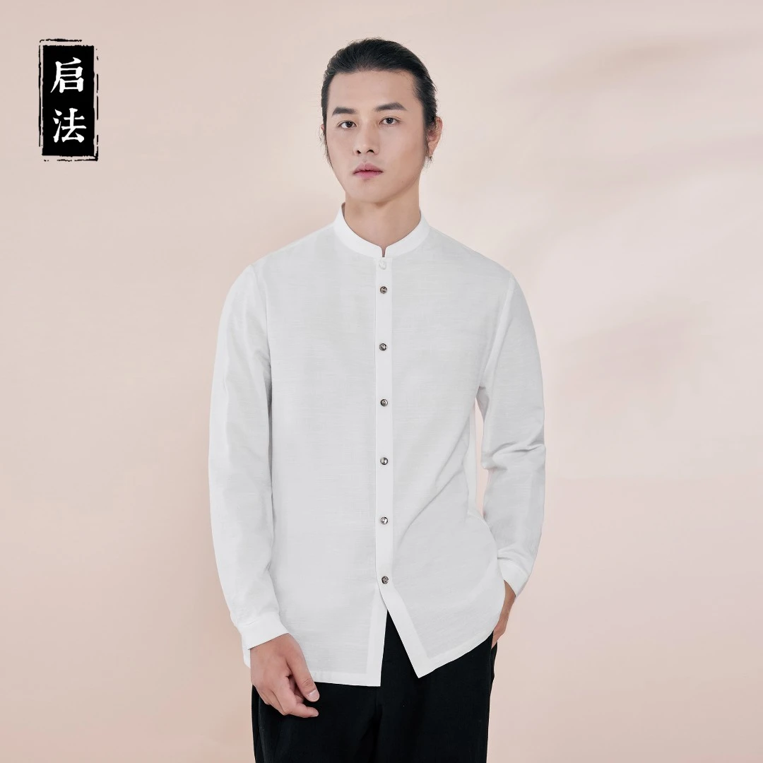 启·法男装秋装新款衬衫简约百搭新中式长袖衬衣宽松中国风立领