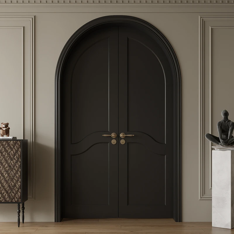 潮盛CS-G017实木烤漆门圆弧形拱形双开黑色卧室房间对开法式复古
