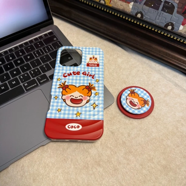 波漾磁吸蓝格纹coco酱趣味支架适用苹果手机壳创意可爱防摔保护套