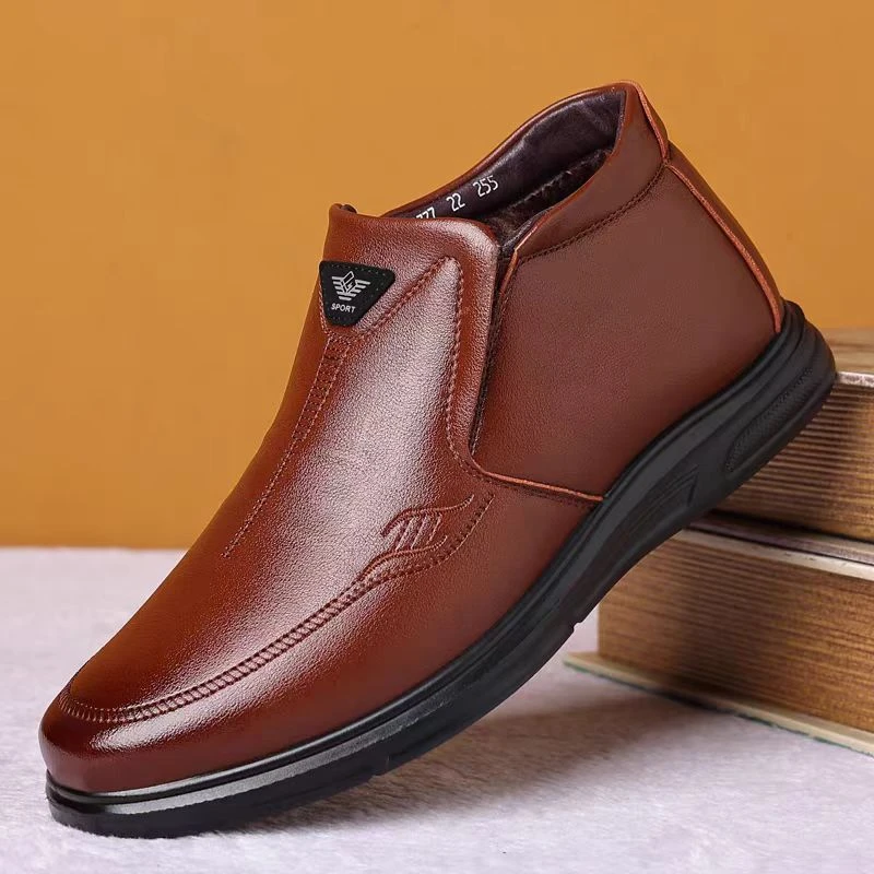 2024新款皮鞋男士52170冬季加绒高帮休闲套脚中年防滑爸爸男鞋