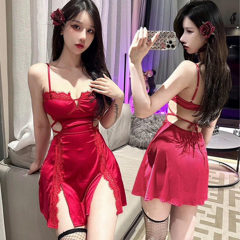 新款修身吊带开拆内衣性感睡裙低胸吊带蕾丝纹系带露背小胸显大