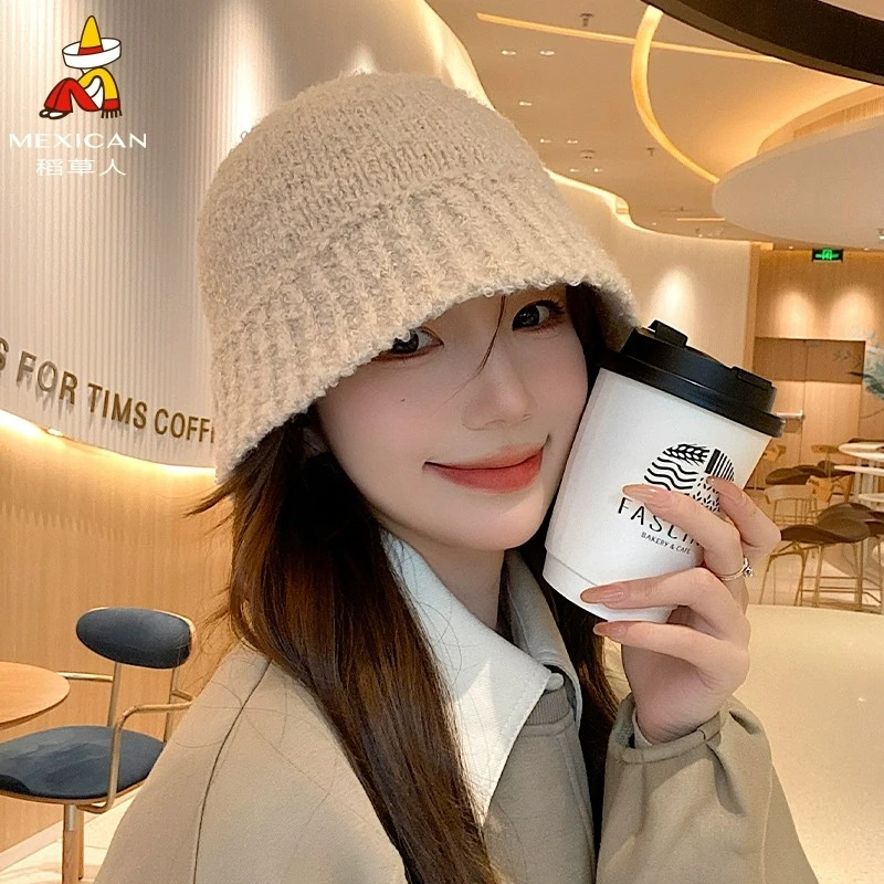 稻草人帽子女秋冬季百搭针织渔夫帽韩版显脸小毛绒盆帽保暖水桶帽