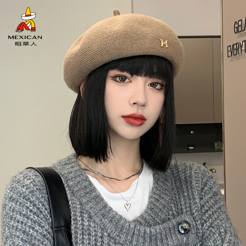 稻草人帽子女2023秋冬季新款贝雷帽复古英伦显脸小针织画家蓓蕾帽