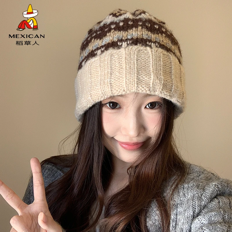 稻草人帽子女冬季新款潮韩系简约百搭针织帽保暖护耳显脸小毛线帽